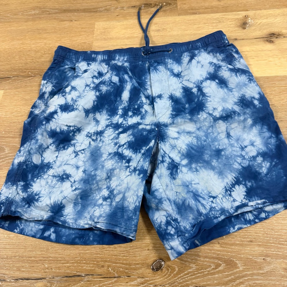 American Eagle Mens Blue White Tie Dye Drawstring Swim Shorts Size Medium